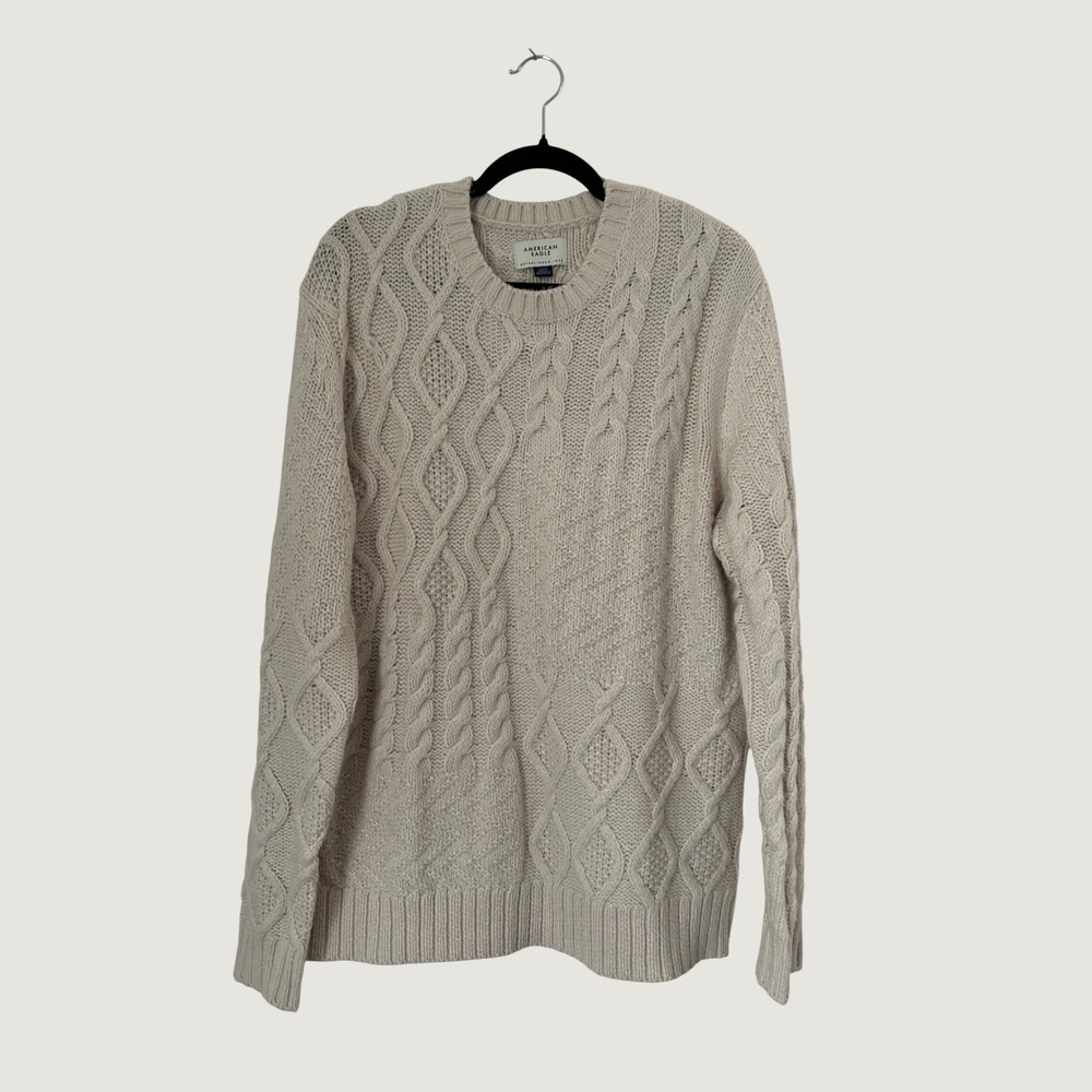 American Eagle Cable Knit Sweater Mens Large Cream Academic Fisherman Preppy